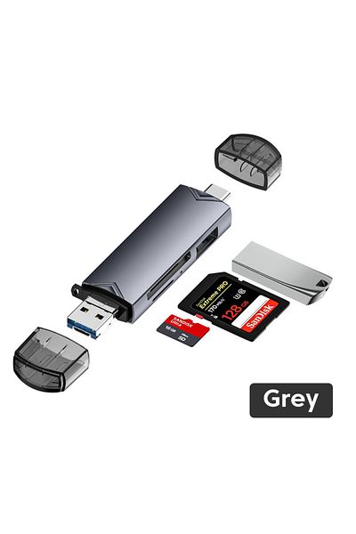 Choice قارئ بطاقات Otg Type C Micro Sd Tf متعدد الوظائف 6 في 1، محول USB 3.0 قارئ بطاقات من النوع C إلى U، رمادي