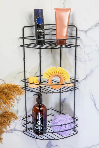 Evistro Banyo Köşe Rafı 3 Katlı Siyah Şampuanlık Hem Vidalı Hem Yapışkan Stic...