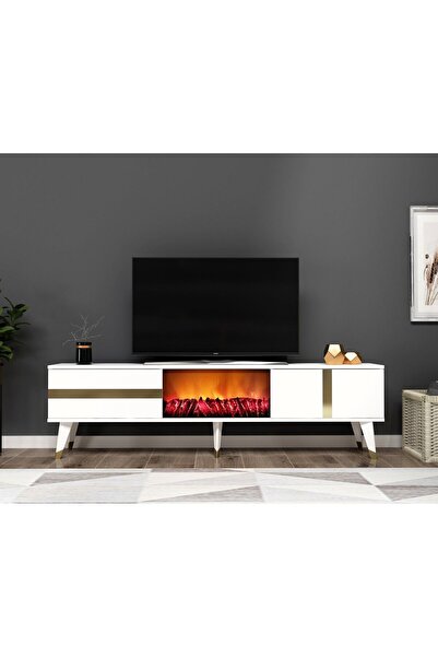 DEMONTE DECOR Vania Tv Sehpası Şömineli (ALT MODÜL) Beyaz Altın