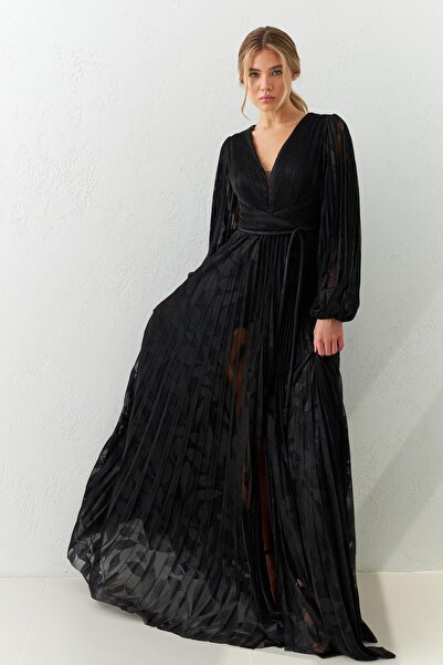 Setre Black V-Neck Waist Tie Detailed Flowing Midi Long Sleeve Dress