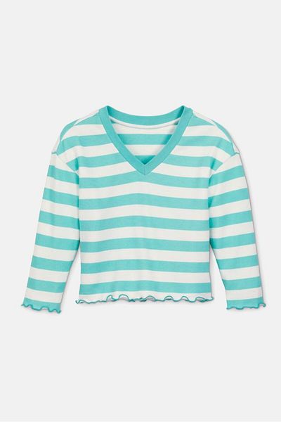 Tchibo Kids Girl V-neck Long Sleeve Stripe Top, Mint and White