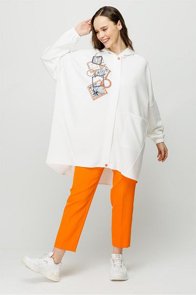 Esswaap Trend Print Detailed Hooded Oversize Tunic Ecru