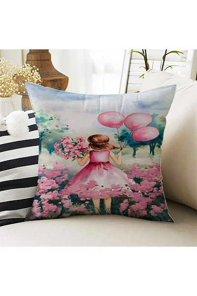 Else Dekor Husă de pernă decorativă cu două fețe pentru copii cu model prințesă fetiță cu baloane roz 43x43cm