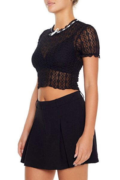Forever 21 Transparan Dantel Fiyonk Detaylı Crop Top