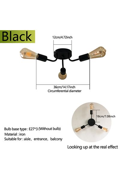 Choice black 1Pc black industrial retro three E27 bulb base ceiling light, living room, bedroom, kitchen ch