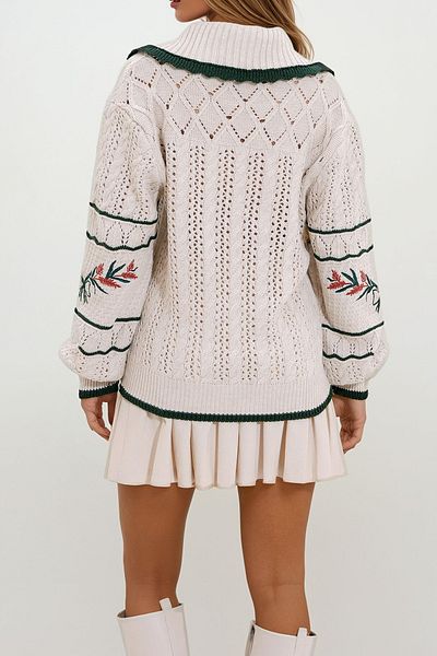 VAGGON Pulover de damă, bej, guler pentru bebeluși, broderie, tricotaje brodate Prm1147
