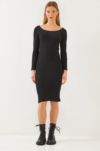 Bianco Lucci Women's Square Collar Long Sleeve Basic Ribbed Dress 2200 60351042