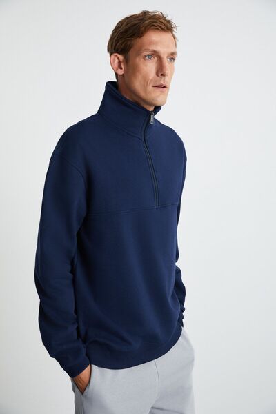 GRIMELANGE Ανδρικό φούτερ Andrıck από οργανικό βαμβακερό γιακά με μισό φερμουάρ Navy Blue