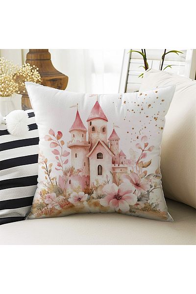 Else Dekor Pink Princess Castle Patterned Girl's Decorative Double Sided Throw Pillow Cover 43X43Cm