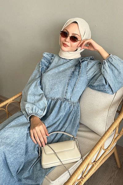 InStyle Rochie din denim albastru cu mâneci cu balon cu volane