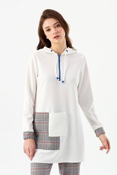 Esswaap Ekose Garnili Kapişonlu Spor Tunik Krem