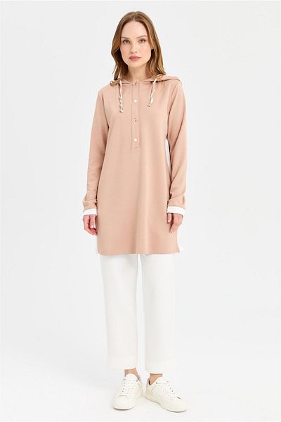 Esswaap Powder Color Stripe Detailed Hooded Tunic