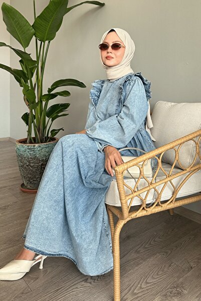 InStyle Μπλε τζιν φόρεμα με βολάν με μπαλόνι