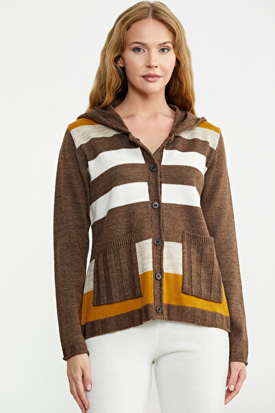 Sementa Μάλλινο Πλεκτό Μπουφάν Milky Brown Color Block - Με κουμπί