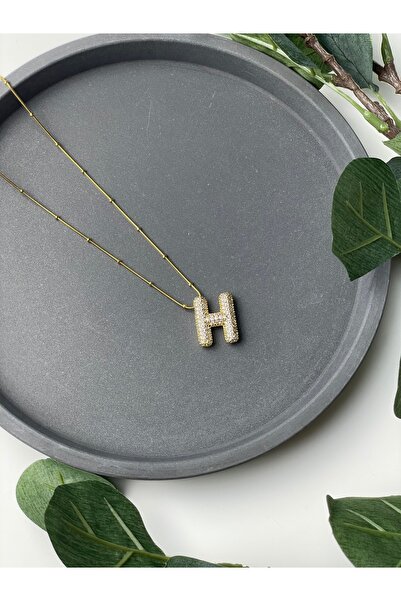 Poison Accessories Zirkon taş kaplı Çelik balon harf kolye gold “H” harfi