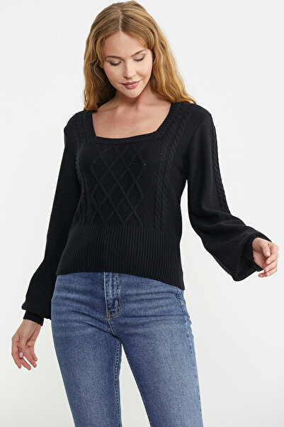 Sementa Pulover din tricot cu mânecă largă cu gât pătrat - negru