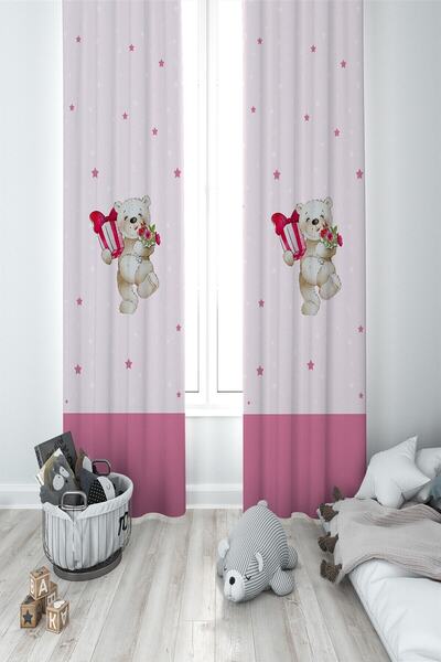 MEKTA HOME Camera Copii Roz - Ursuleț 2 Aripi Fundal Cortina Mkt-054