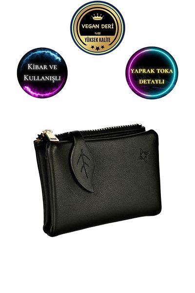CüzCan Polite Model Black Leaf Buckle Women's Wallet