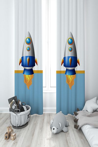 MEKTA HOME BABY AND KIDS ROOM Planet and Space X Patterned 2 Wing Background Curtain