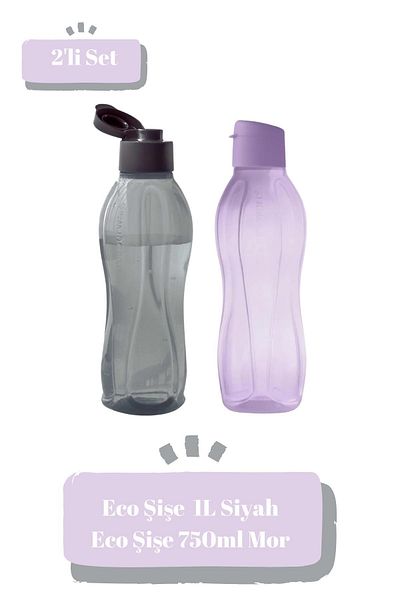 Tupperware Eco Bottle Easy Cover 1 L Black and 750 ml Purple Water Bottle Water Bottle Eco-Friendly Set of 2