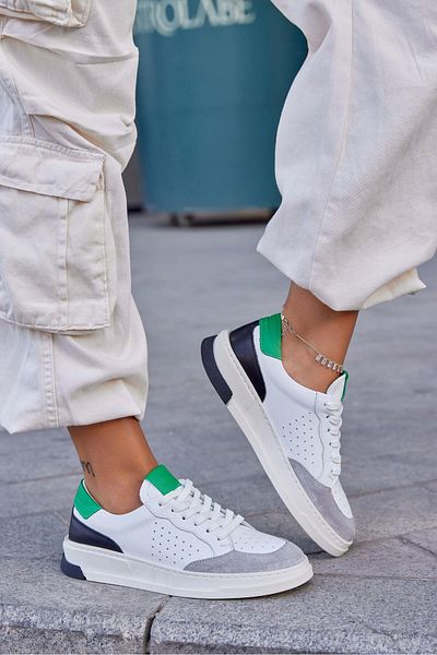 NILUFARR Marsel White Green Genuine Leather Women's Sneakers