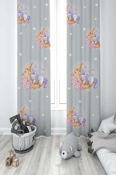 MEKTA HOME BABY AND KIDS ROOM Moon Hugging Unicorn Patterned Gray 2 Wing Background Curtain