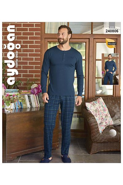 Aydoğan Aydoğan 240806   Men's Modal Slots Long Sleeve Pyjamas Suit