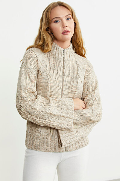 Sementa Beige Color Stand Collar and Loose Sleeve Wool Knitwear Cardigan