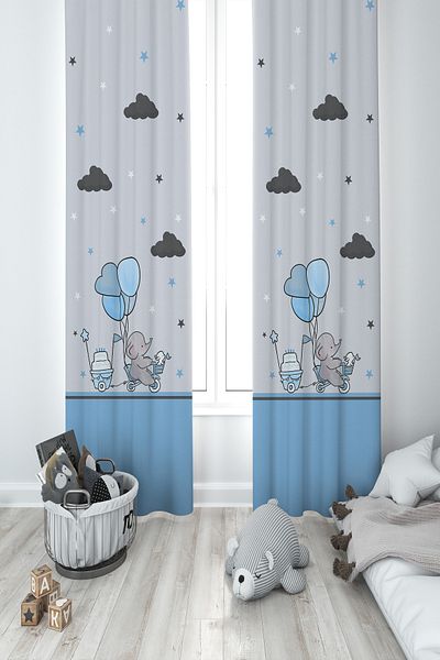 MEKTA HOME BABY AND KIDS ROOM Bicycle Elephant Patterned 2 Wing Background Curtain