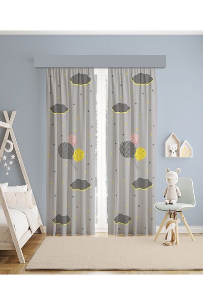MEKTA HOME BABY AND KIDS ROOM Gray Background Ballooned Starry Cloud Patterned 2 Wing Background Curtain