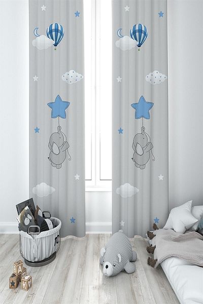 MEKTA HOME Children's Room Baby Room Elephant Pattern Background Curtain 2 Wings Mkt-075