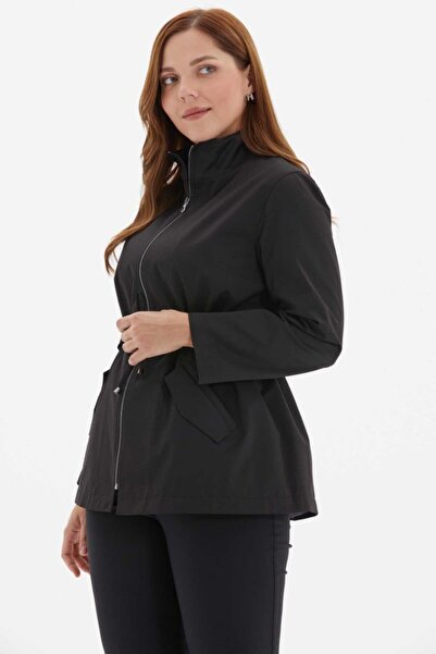 Selen Giyim Büyük Beden Dik Yaka Beli Büzgülü Trençkot