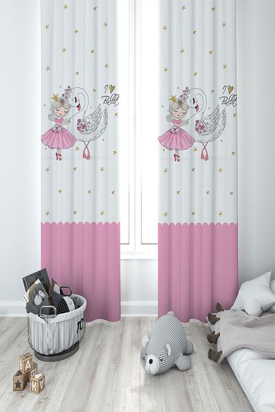 MEKTA HOME BABY AND KIDS ROOM Ballerina Girl and Swan Patterned 2 Wing Background Curtain