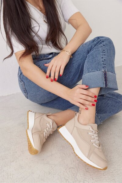 NILUFARR Sara Bej Hakiki Deri Bağcıklı Kadın Sneaker