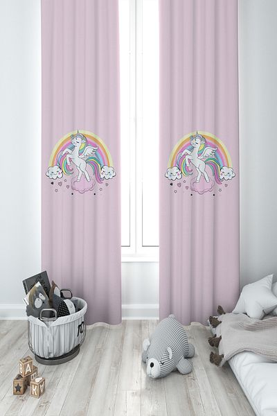 MEKTA HOME BABY AND KIDS ROOM Pink 2 Wing Background Curtain with Rainbow and Unicorn Pattern