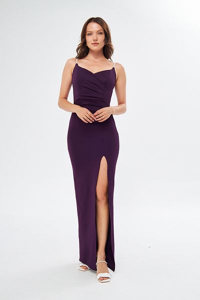 bayansepeti Rochie maxi cu bretele din țesătură de scuba mov, cu piept decoltat și cu fante 582513