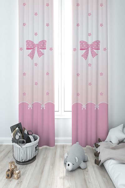 MEKTA HOME BABY AND KIDS ROOM Pink Ribbon and Star Patterned 2 Wing Background Curtain