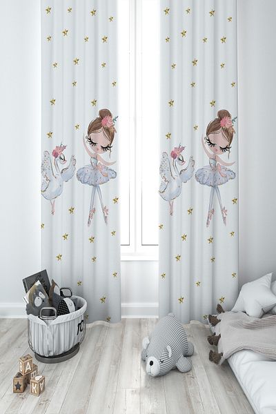 MEKTA HOME BABY AND KIDS ROOM Ballerina Girl and Swan Patterned 2 Wing Background Curtain