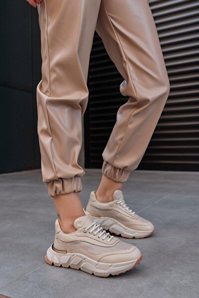 NILUFARR Hilary Bej Hakiki Deri Taşlı Kadın Sneaker