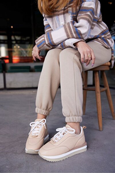 NILUFARR Balla Bej Hakiki Deri Kadın Sneaker