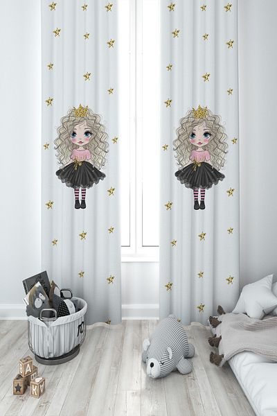 MEKTA HOME BABY AND KIDS ROOM Starry and Curly Haired Princess Patterned 2 Wings Background Curtain