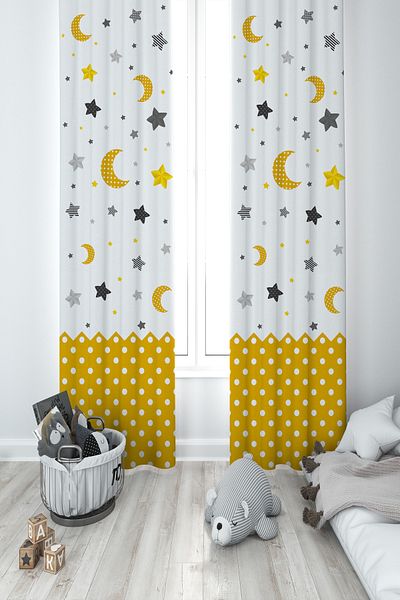 MEKTA HOME BABY AND CHILDREN'S ROOM Moon and Star Patterned 2 Wing Background Curtain