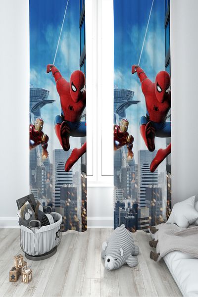 MEKTA HOME BABY AND KIDS ROOM Iron Man and Spider Man Patterned 2 Wing Background Curtain
