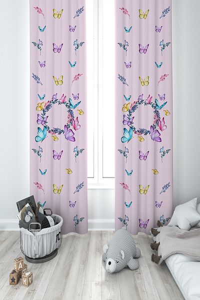 MEKTA HOME BABY AND KIDS ROOM Pink 2 Wing Background Curtain with Hopscotch and Butterfly Pattern