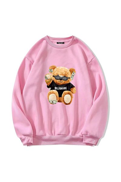 SOFTWAY Unisex Oversize Crew Neck Basic Billionaire εμπριμέ φούτερ - ΡΟΖ