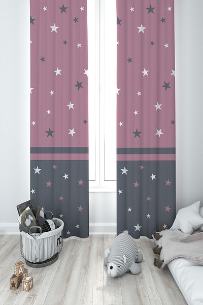MEKTA HOME BABY AND KIDS ROOM Large Pink Star Patterned 2 Wing Background Curtain