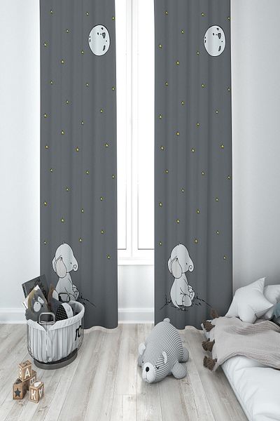 MEKTA HOME Baby and Children's Room Gray Elephant and Moon Two Wing Background Curtain Mkt-268