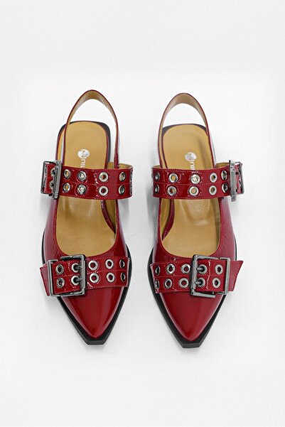 NILUFARR Asos Kırmızı Rugan Hakiki Deri Kemer Aksesuarlı Babet