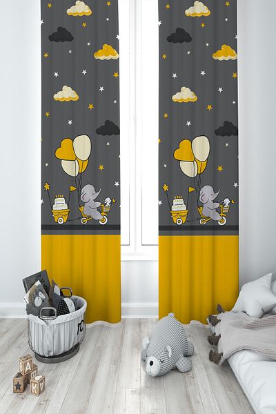 MEKTA HOME BABY AND KIDS ROOM Yellow Cloudy and Bicycle Elephant Patterned 2 Wings Background Curtain
