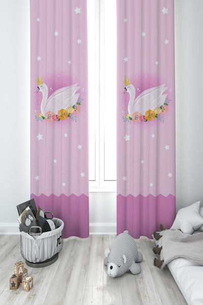 MEKTA HOME BEBEK VE ÇOCUK ODASI Pembe Kuğu Desenli 2 Kanat Fon Perde